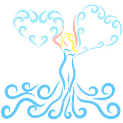 Woman, sea and clouds in the shape of a heart