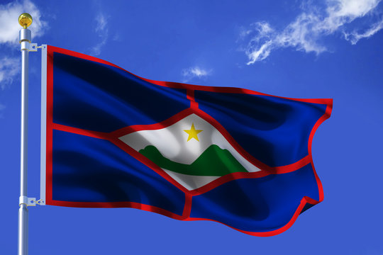  The silk waving flag of Sint Eustatius island with a flagpole on a sunny blue sky background with white clouds .3D illustration.