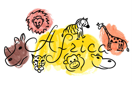 Africa savannah animals sketch with watercolor grunge vector illustration