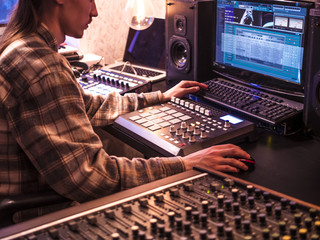 close up home music studio with sound recording equipment