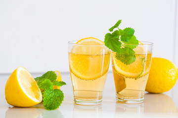 Drink. lemonade, lemon and mint