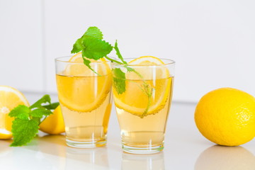 Drink. lemonade, lemon and mint