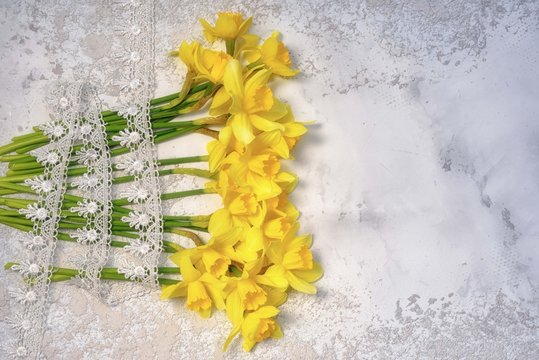 davidoff bouquet in a row with lays on the stems laying on a white cement background, top view with copy space for your text