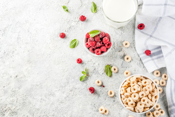 Obraz na płótnie Canvas Healthy breakfast ingredients. Breakfast cereal corn rings, milk or yogurt glass, raspberries and mint on grey stone background, copy space top view
