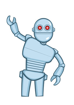 Metallic cartoon robot in action pose. Vector illustration