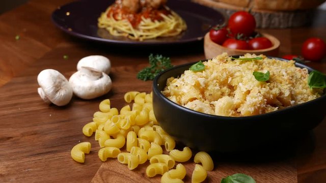 baked Macaroni and cheese set on dinner table.