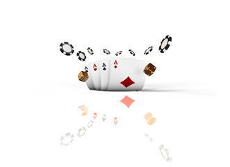 Fototapeta na wymiar Casino cards dice and chips fly isolated on white background. Online casino concept with place for text. Falling poker chips in air. 3d rendering