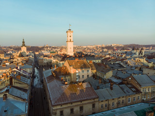 beauty panoramic view on sunrise over old european city