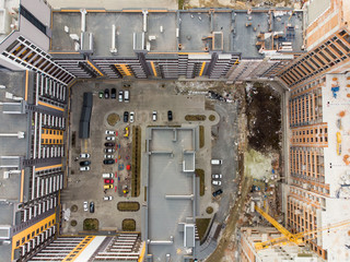 birds eye view on contraction site with crane - obrazy, fototapety, plakaty