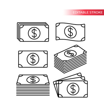 Thin line fully editable stack of dollar money icons. Banknote icon set. Pile of money icons. Money stack.
