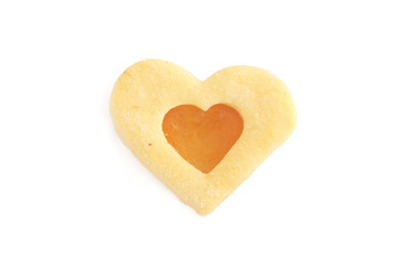 Fototapeta na wymiar Heart shaped shortbread cookie isolated on white background. Top view- 