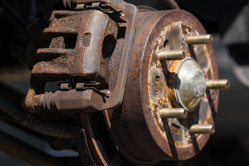 Rusty car brake caliper and rotor