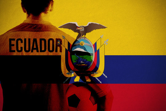Ecuador football player holding ball against ecuador national flag - Powered by Adobe