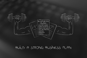 strong business plan with muscled arms lifting dumbbells