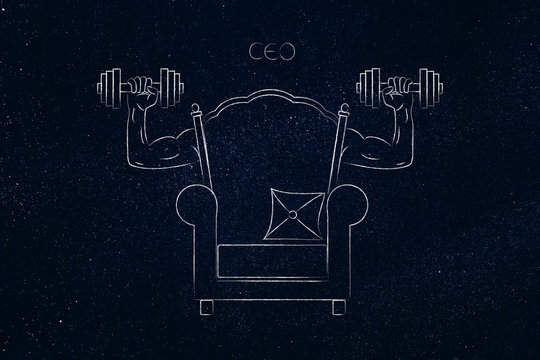 CEO chair with muscled arms holding dumbbells