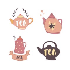 Set of teapots with hand drawn lettering. Tea. Scandinavian style illustration, modern and elegant home decor. Vector print design.