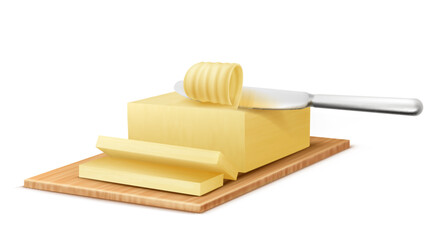 Vector realistic yellow stick of butter on cutting board with metal knife isolated on background. Slices of margarine or spread, fatty natural dairy product. High-calorie food for cooking and eating