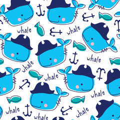 seamless pirate whale pattern vector illustration