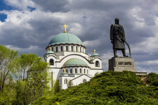 Looking at the Saint Sava cathedral and monument of Karageorge Petrovitch