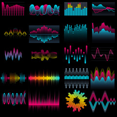 Set of music equalizer waves design template signal visualization illustration. Colorful light audio signal.