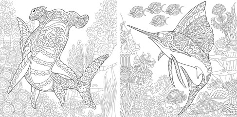 Naklejka premium Zentangle underwater collection. Hammerhead shark, sailfish and shoal of tropical fishes.