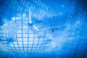 Travel and tourism collage with airplane against blue sky with clouds