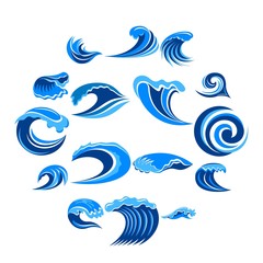 Fototapeta na wymiar Blue waves icons set. Simple illustration of 16 blue waves vector icons for web