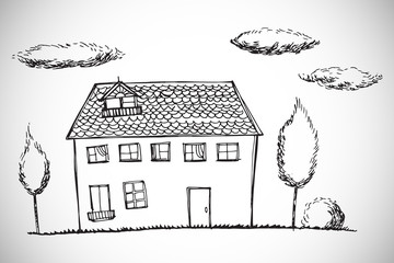 hand drawn house against white background with vignette