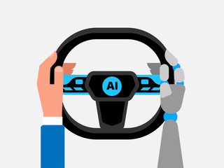 Self driving car vector illustration. Artificial intelligence on the road.