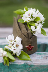 garrison cap and apple blossom are symbol of Victory day