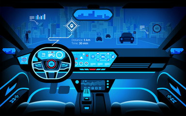 Automobile cockpit, various information monitors and head up displays. autonomous car, driverless car, driver assistance system