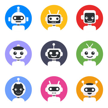 Chatbot symbol, logo template. Robot icon set. Bot sign design. Modern vector flat style cartoon character illustration.