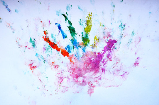 multicolored prints of hands, children's creativity, drawing