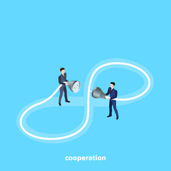 men in business suits hold an electric wire with a plug, an isometric image