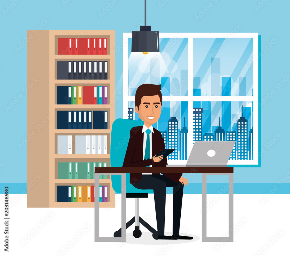 Wall mural elegant businessman in the office scene vector illustration design