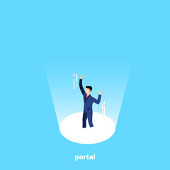 Obraz premium a man in a business suit falls into a portal emitting light, an isometric image