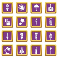 Light source icons set vector purple square isolated on white background 