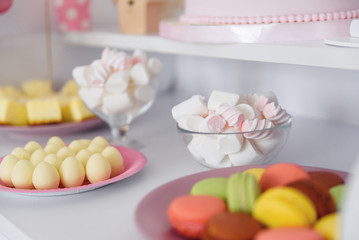Birthday party concept. Sweet candy bar at the birthday party. Selective focus. Dessert table with macaroons and marshmallow.
