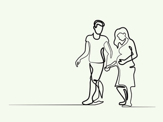 Continuous line drawing. Happy pregnant woman walking with her husband, silhouette picture. Vector illustration