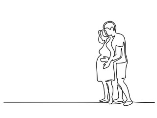 Continuous line drawing. Happy pregnant woman with her husband, silhouette picture. Vector illustration