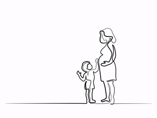 Continuous line drawing. Happy pregnant woman with her small son, silhouette picture. Vector illustration