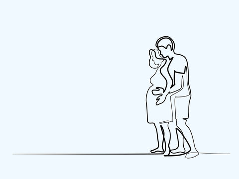 Continuous line drawing. Happy pregnant woman with her husband, silhouette picture. Vector illustration