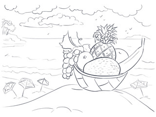 Vector exotic fruits and sea