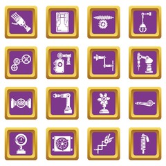 Technical mechanisms icons set vector purple square isolated on white background 