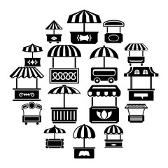Street food kiosk icons set. Simple illustration of 16 street food kiosk vector icons for web