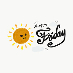 Happy Friday word and cute smile sun painting illustration 