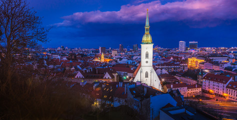 Cityscape of Bratislava, Slovakia with St. Martin's Cathedral at Night