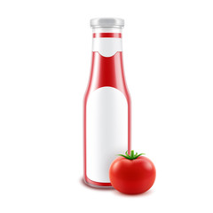Vector Blank Glass Glossy Red Tomato Ketchup Bottle for Branding with label and Fresh Tomato Isolated on White Background