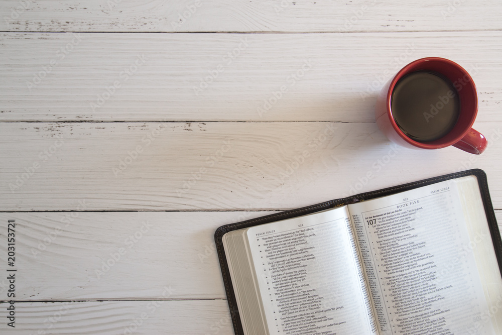 Wall mural bible study on a white wood table