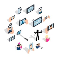 Selfie icons set in isometric 3d style isolated on white background